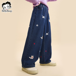 贝蒂春款女童洋气牛仔裤卡通裤子2026年春秋新款中大童宽松长裤