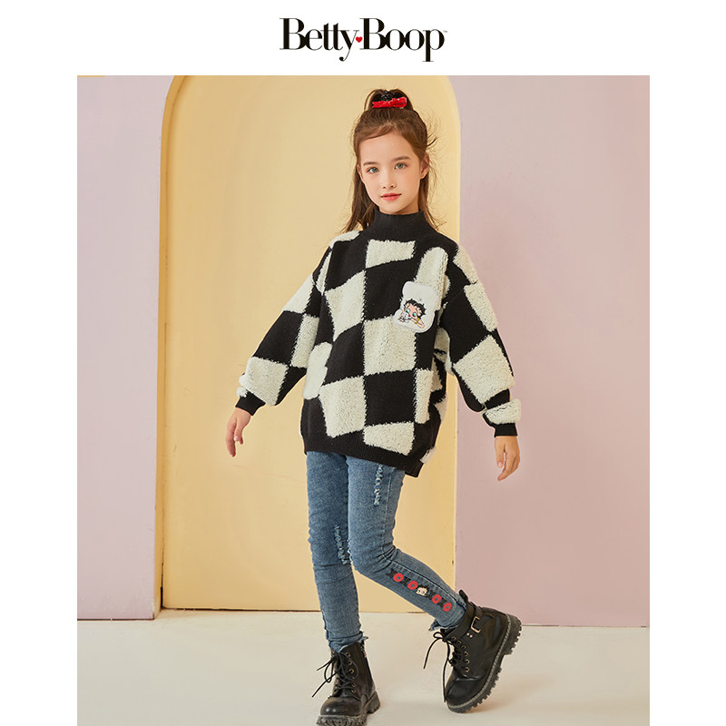 贝蒂女童韩版套头毛衣2025秋冬新款女大童格子高领圆领针织衫外套