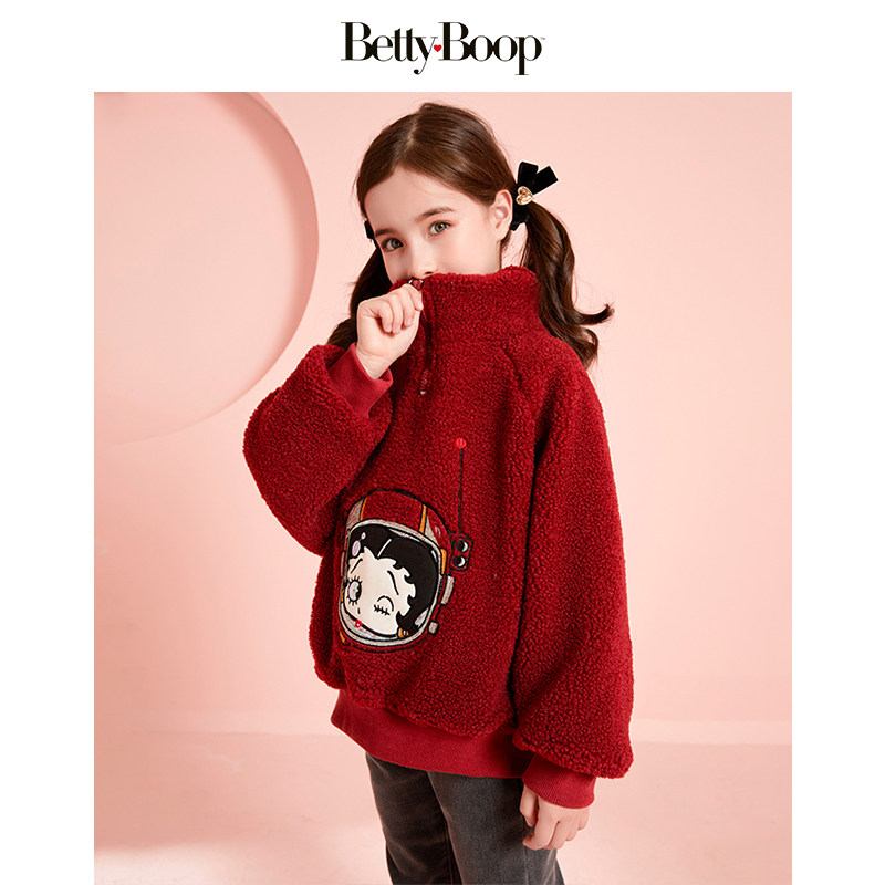 新年贝蒂女童红色仿羊羔毛卫衣加绒加厚毛毛衣2025冬季儿童拜年服