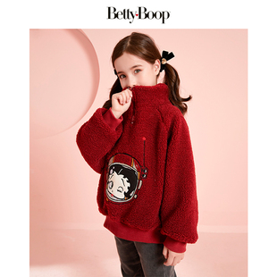 新年贝蒂女童红色仿羊羔毛卫衣加绒加厚毛毛衣2026冬季儿童拜年服