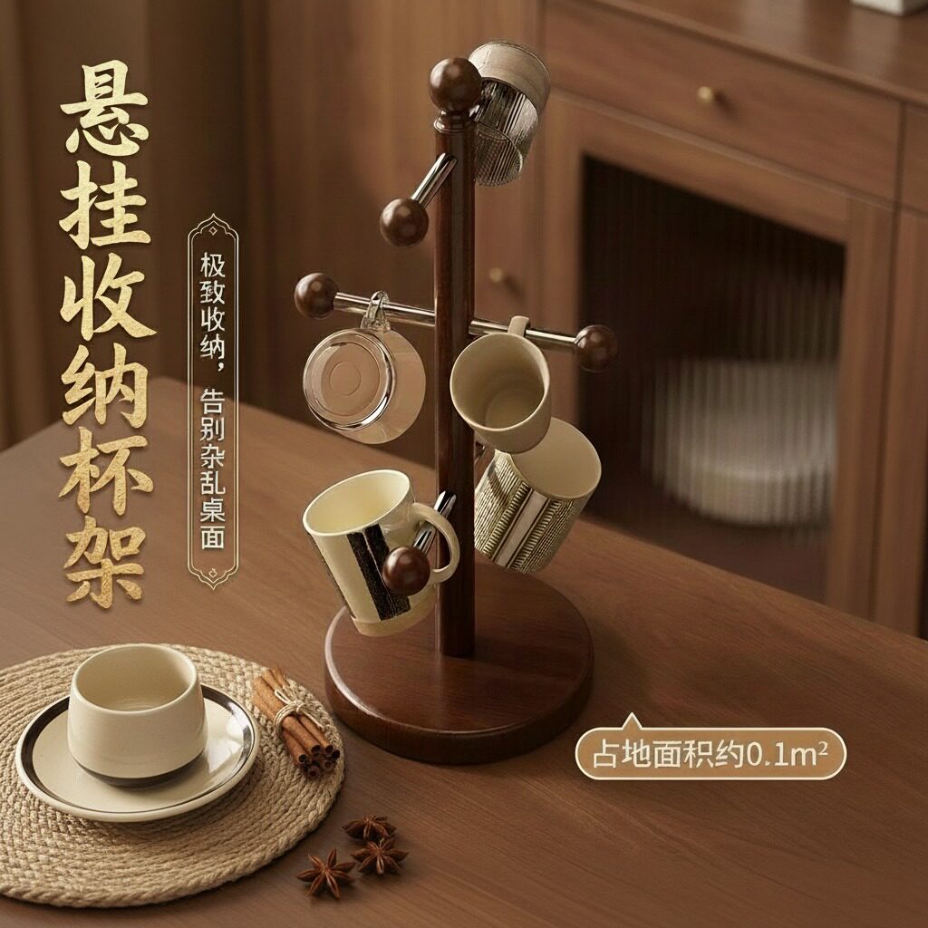 实木马克杯子沥水倒挂杯架高级感轻奢桌面家用防尘茶杯收纳置物架
