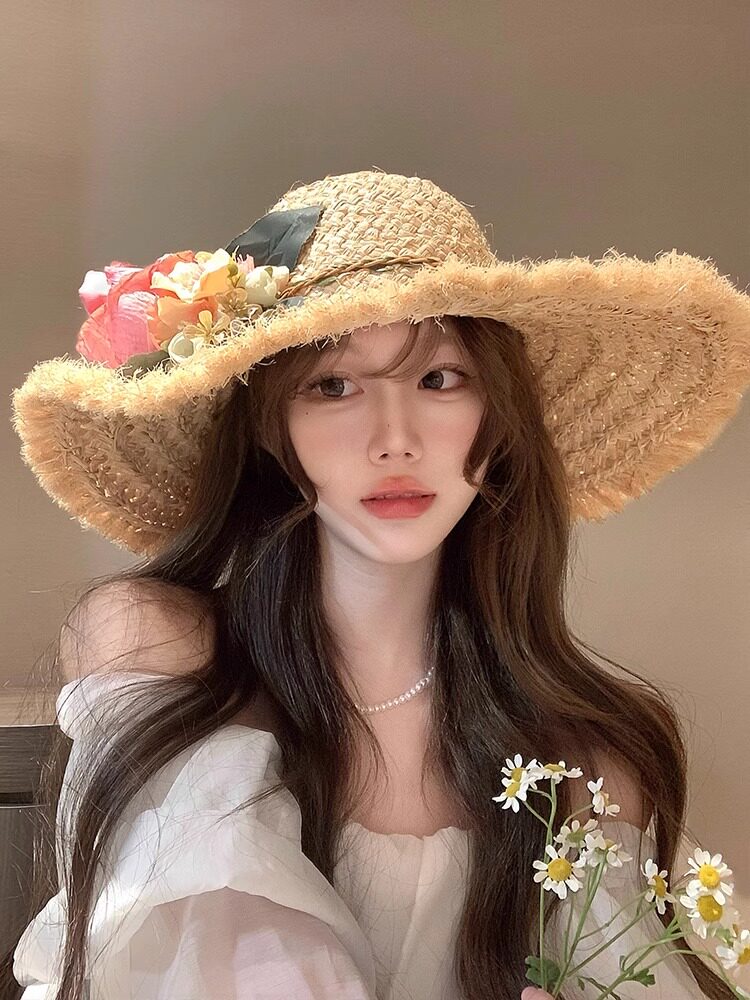 日本大沿草帽妇女夏季海边防晒和紫外线防护花编织海滩太阳帽