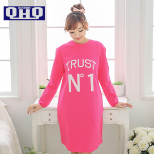 秋泓齐 15年可爱韩版春秋季长袖睡裙 性感宽松字母纯棉女人家居服