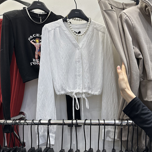 真丝上衣开衫 popo 气质V领纯色宽松抽绳百搭长袖 toko.z韩版 23春款