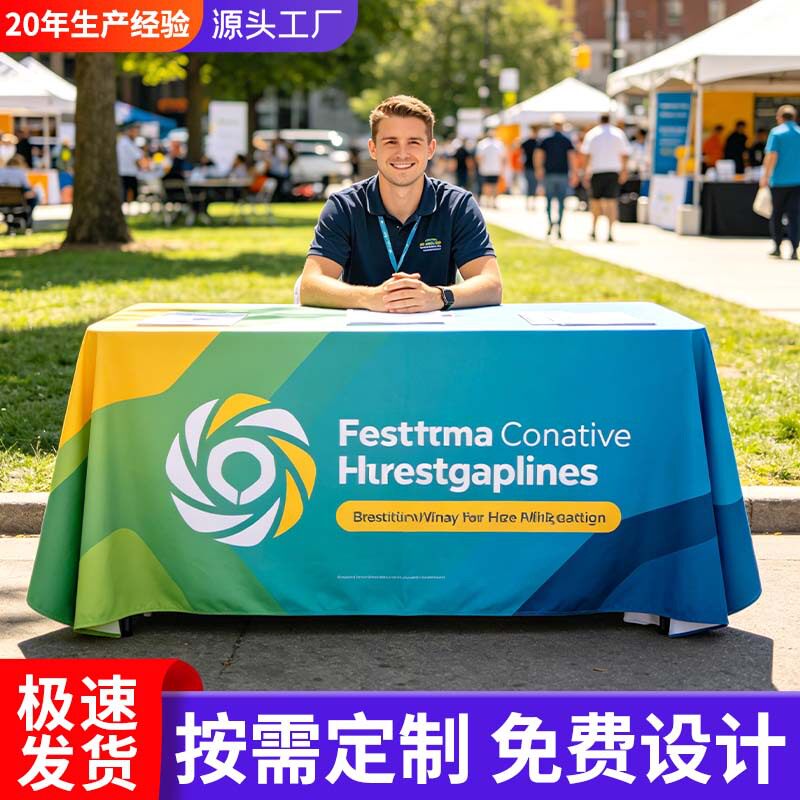 黑色加厚布艺长方形桌布遮丑台布展会长桌加大尺寸商用可定制LOGO