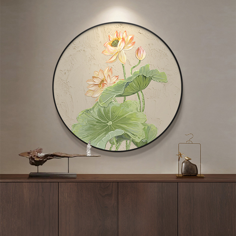 网红荷花圆形装饰画新中式入户玄关挂画客厅肌理餐厅壁画禅意茶室图片