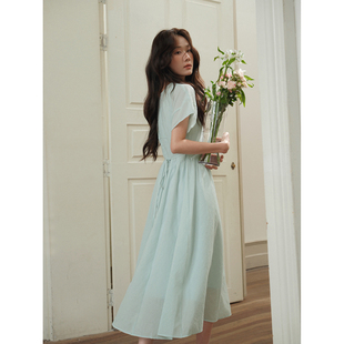 宽松显瘦a字短袖 JOCO 褶皱收腰连衣裙女夏季 修身 长裙 CHIC绿色韩版