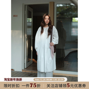 褶皱长袖 米白色法式 连衣裙女秋季 宽松灯笼袖 裙子 JOCO 中长款 CHIC