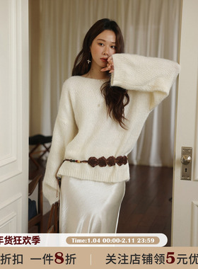 JOCO CHIC 杏色简约软糯长袖毛针织衫女2025秋冬宽松镂空毛衣上衣