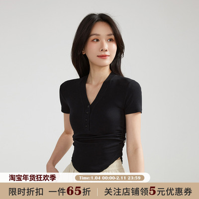 JOCOCHIC捏褶V领正肩短袖T恤