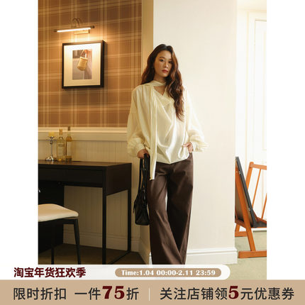 JOCO CHIC 法式气质荡领莱赛尔长袖衬衫2025秋宽松飘带设计感上衣