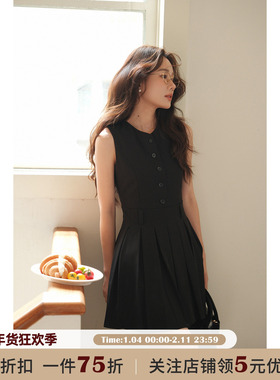 JOCO CHIC 黑色气质无袖纽扣背心连衣裙女夏季简约显瘦收腰百褶裙