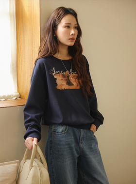 JOCO CHIC 藏蓝色韩版小鹿印花长袖卫衣女春秋薄款宽松慵懒风上衣