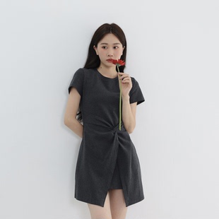 不规则开叉裙摆短款 JOCO T恤连衣裙女夏季 CHIC 裙子 灰色扭结短袖
