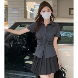 大码女装白色辣妹短袖衬衫女夏季新款设计感小众胖mm短款显瘦上衣