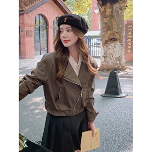 短款 显瘦皮衣气质翻领小个子PU皮显瘦百搭夹克 皮衣外套女春秋时尚