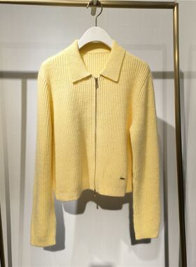 MM麦麦同款2026春季新款POLO领短款拉链针织开衫显瘦气质黄色毛衣