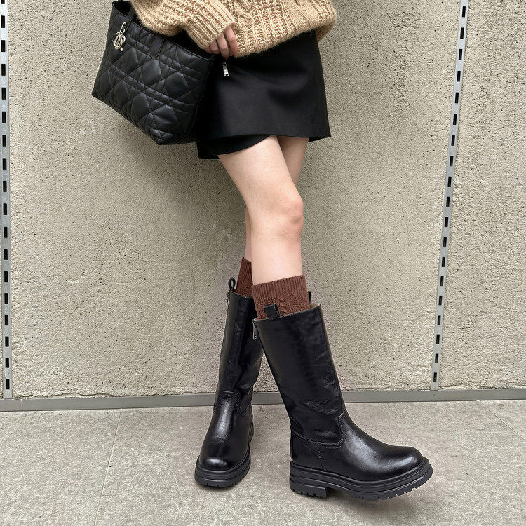 欧美机车真皮松糕中筒女靴大码