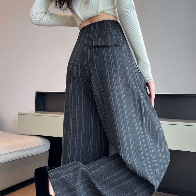 灰色条纹阔腿西装裤女2025年秋季新款高腰垂感宽松显瘦直筒休闲裤