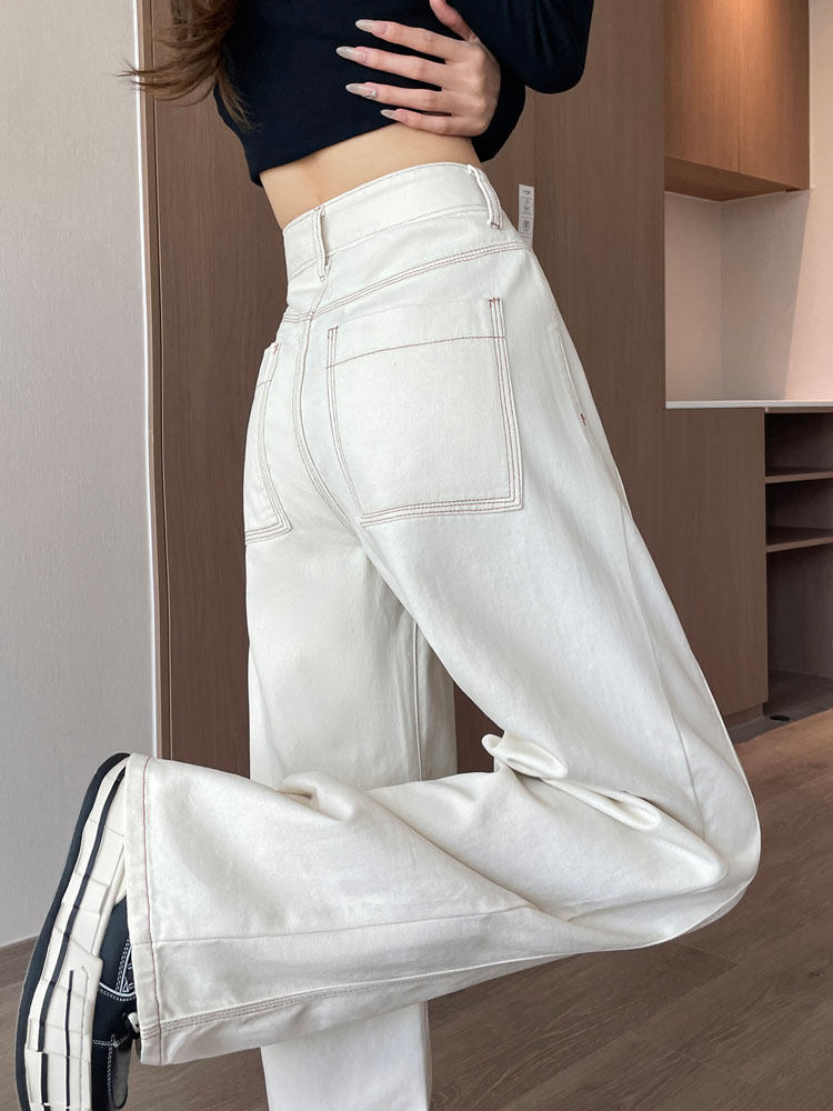 白色阔腿牛仔裤女2025年春秋季新款高腰宽松显瘦垂感直筒拖地裤子