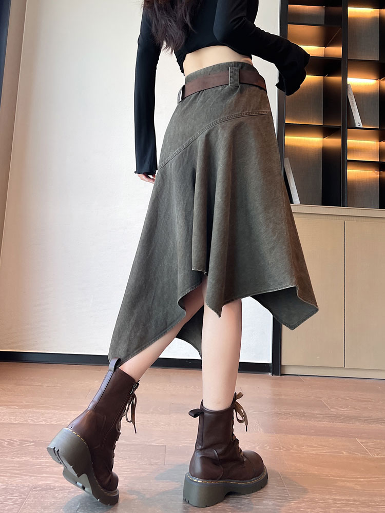不规则牛仔半身裙女2025年秋季新款高腰垂感显瘦a字中长覆古裙子