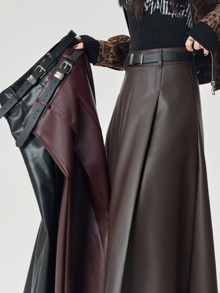 咖色皮裙半身裙女2025年秋季新款高腰显瘦遮胯a字中长款大摆伞裙
