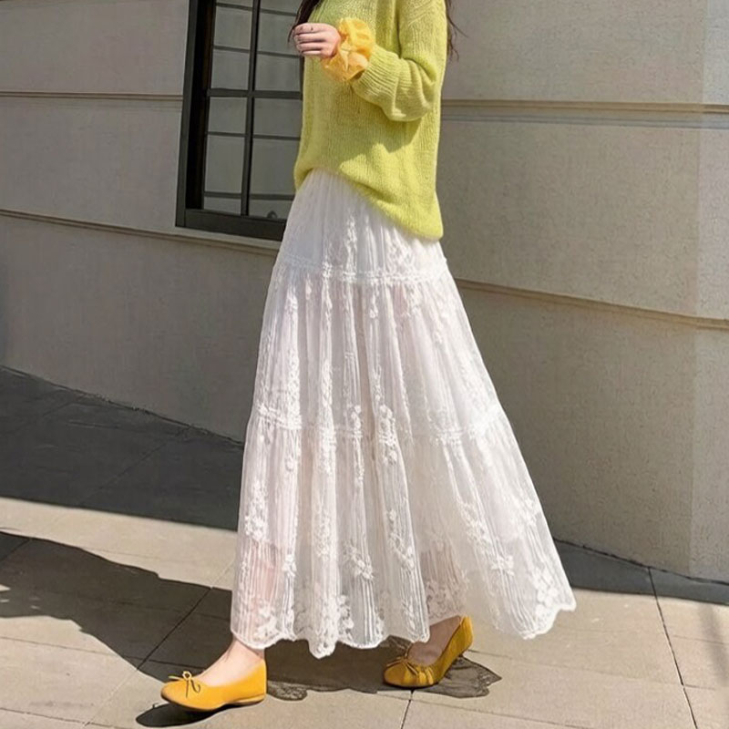 蕾丝刺绣百褶半身裙女2026年夏季新款高腰垂感显瘦a字大摆长裙子
