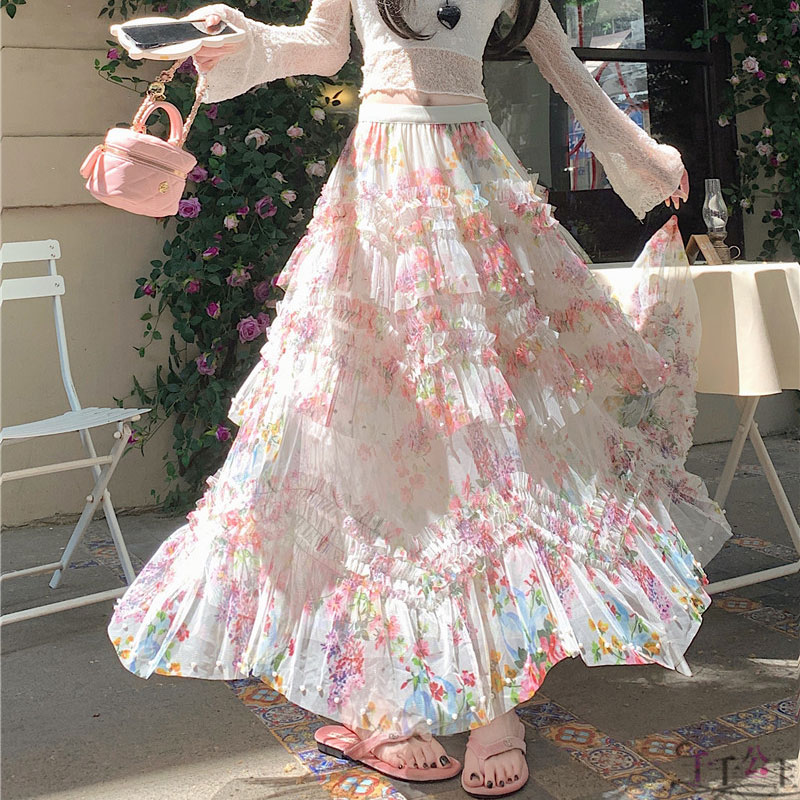 碎花钉珠网纱半身裙女2026年夏季新款高腰垂感显瘦不规则蛋糕长裙