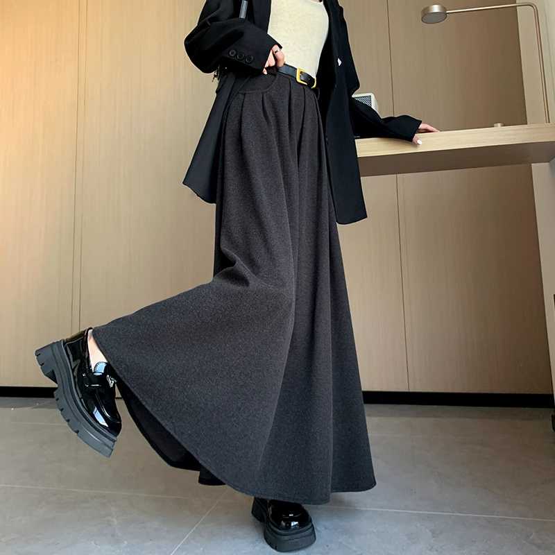 灰色毛呢西装百褶半身裙女2025年秋冬高腰显瘦伞裙A字大摆长裙子
