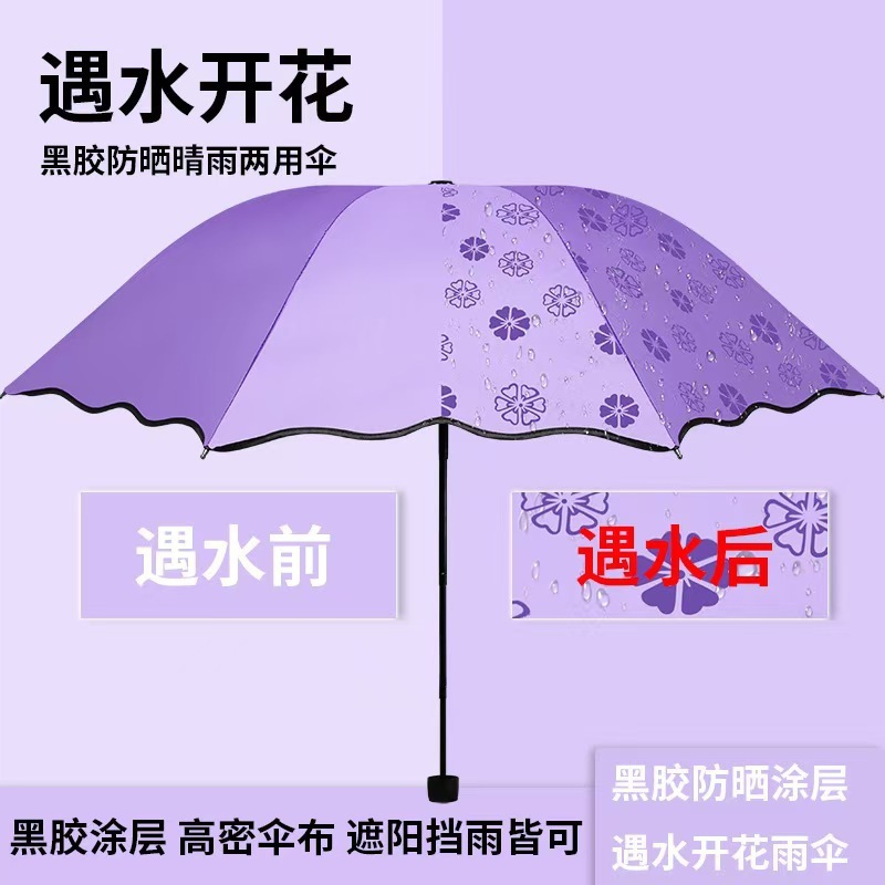 遇水开花黑胶晴雨伞折叠广告伞三折雨伞变色伞可印制礼品
