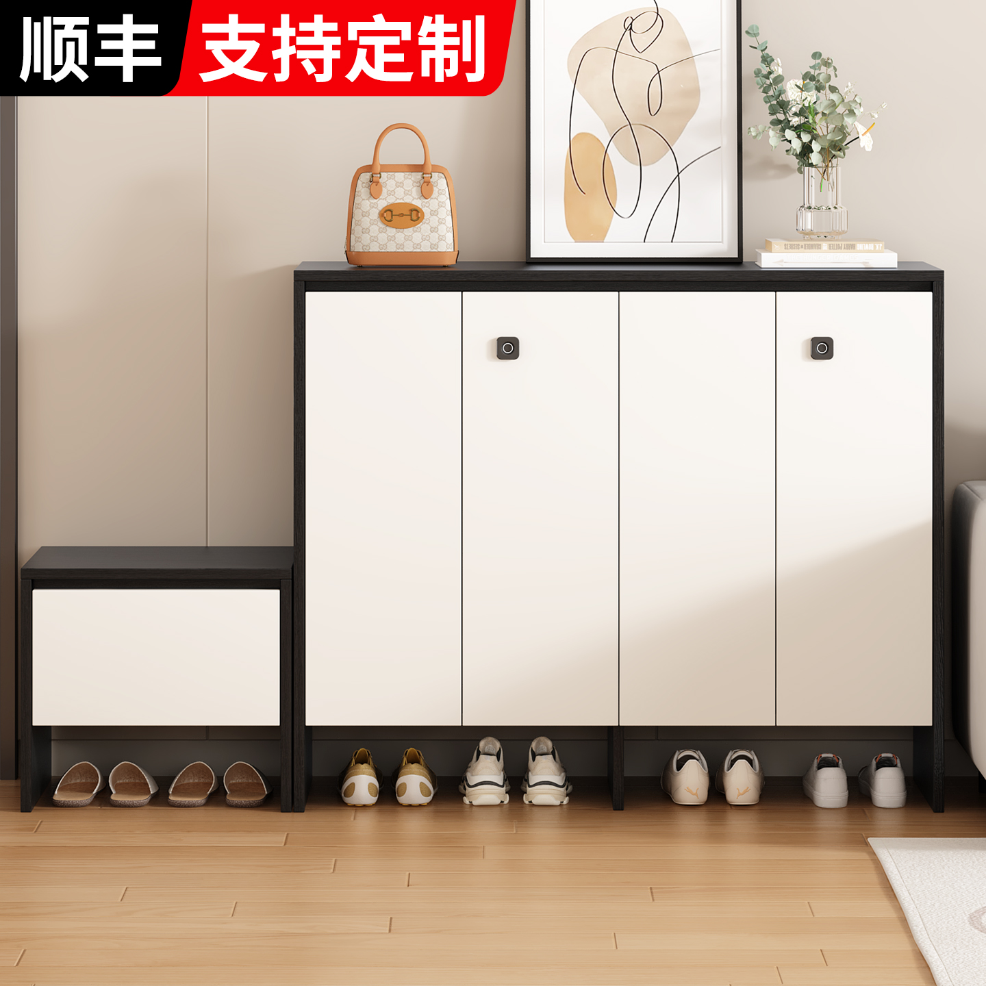 带锁鞋柜收纳柜一体靠墙家用门口2025新款实木玄关换鞋凳一体柜子