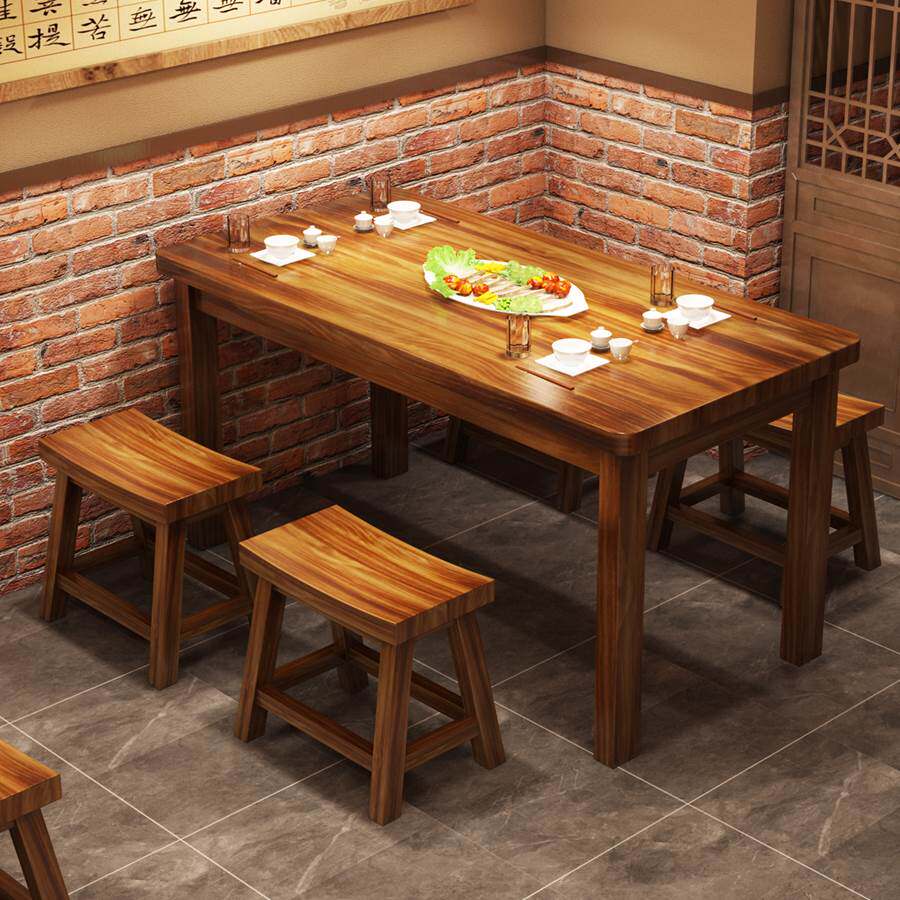 实木碳化桌椅组合快餐店饭店专用桌子烧烤店餐桌火烧木中式餐桌