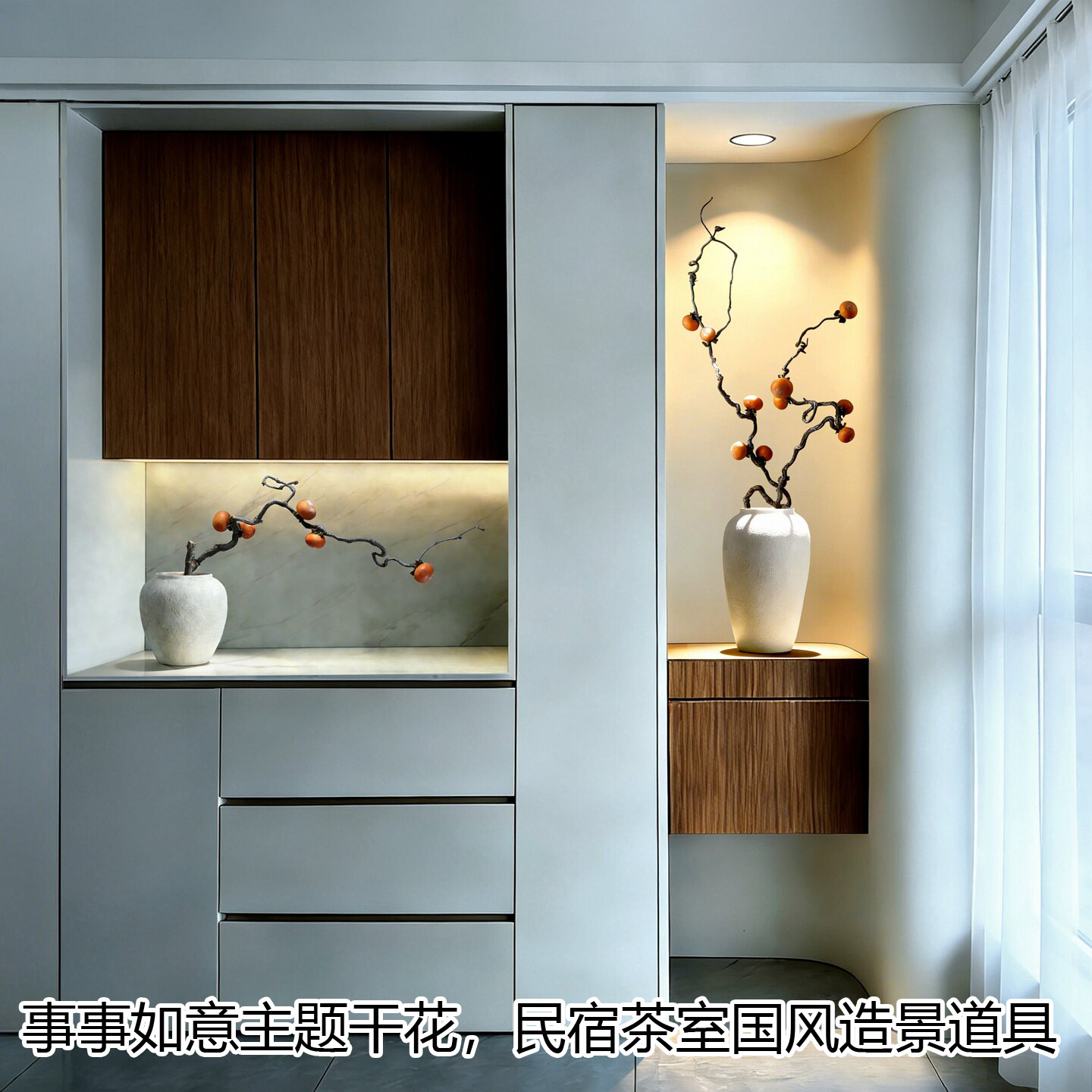 中式禅意真柿子干枝插花摆件