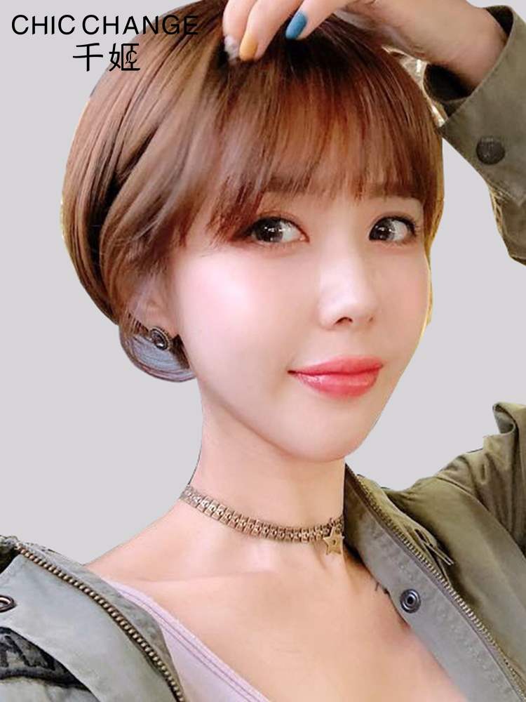 新千姬假发女短发真人发丝空气刘海波波头圆脸网红发型俢脸假发套