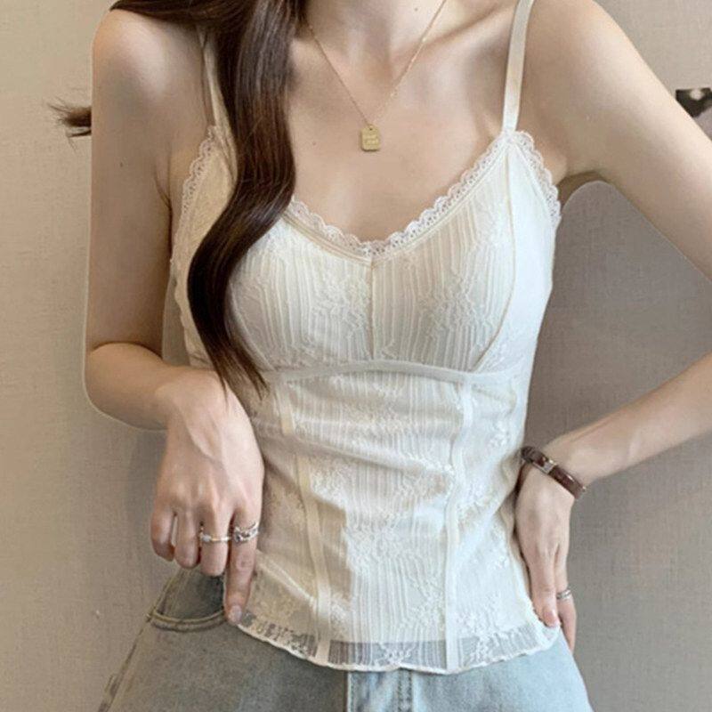 绝美漂亮鱼骨蕾丝吊带背心女大码胖mm美背夏季带胸垫打底外穿上衣