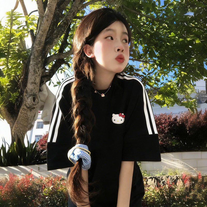 三条杠黑色短袖t恤女夏季2026新款纯棉半袖宽松初中生韩系ins上衣