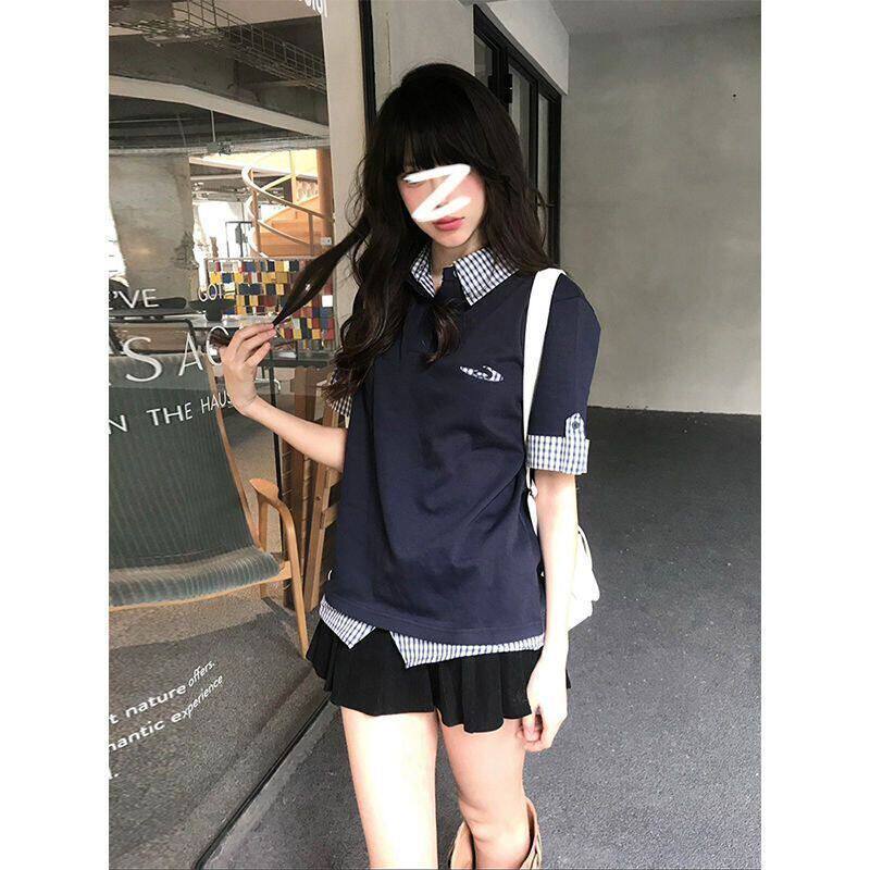 美式复古短袖polo衫女夏季miu系格纹拼接假两件t恤修身显瘦上衣潮