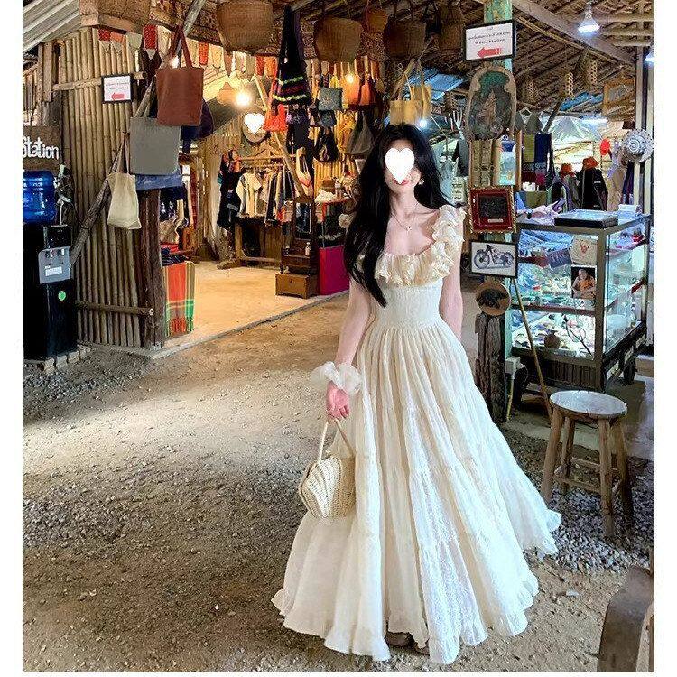 屿白YUBAI圣托里尼重工超大裙摆吊带掐腰连衣裙女度假裙子