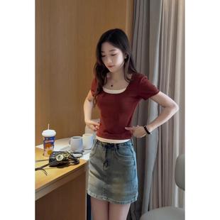 U领t恤女短袖夏季2025新款气质小个子修身显瘦上衣正肩撞色假两件