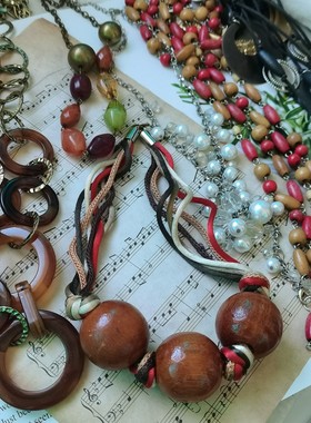 vintage中古回流项链毛衣链琉璃木制仿琥珀欧洲古董饰品古着10.2