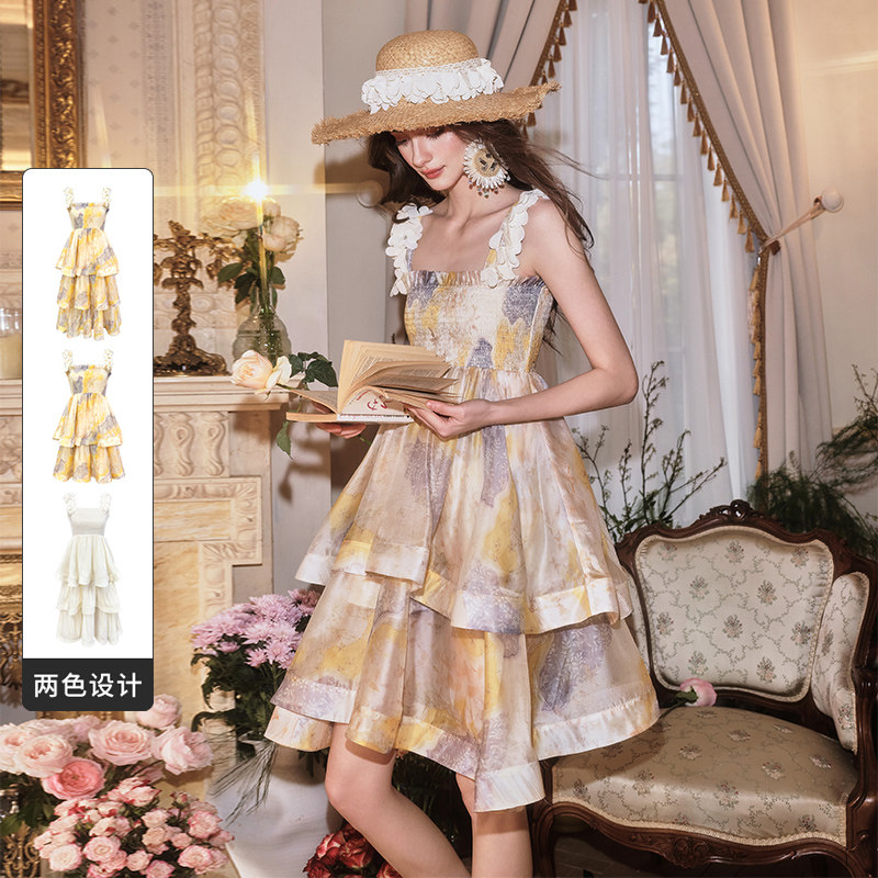 FLONAKED设计师黄色晕染印花可拆式花瓣肩带荷叶边连衣裙小众设计
