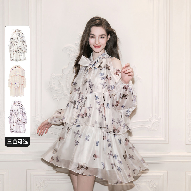 FLONAKED设计师蝴蝶印花层叠裙摆露肩连衣裙米白色