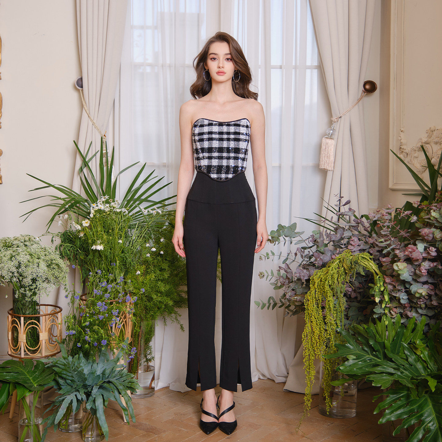 FLONAKED设计师黑白复古亮片鱼骨胸衣/黑色高腰鱼骨修身醋酸长裤