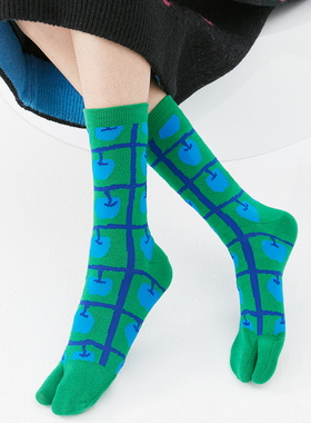 Knapfold苹果图秋冬分趾袜绿色中筒五指袜纯棉ins个性复古透气