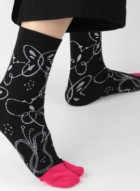 Knapfold蝴蝶图案秋冬分趾袜绿色中筒五指袜纯棉ins个性复古透气