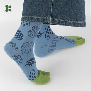 Knapfold葫芦图案秋冬分趾袜绿色中筒五指袜纯棉ins个性 复古透气