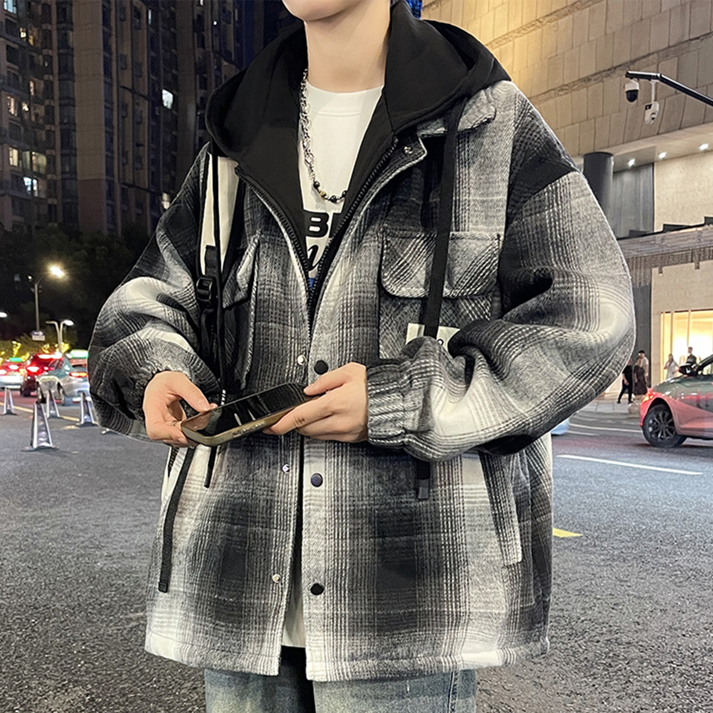 假两件外套男春秋冬季新款连帽衣服休闲风毛呢褂子青少年格子夹克