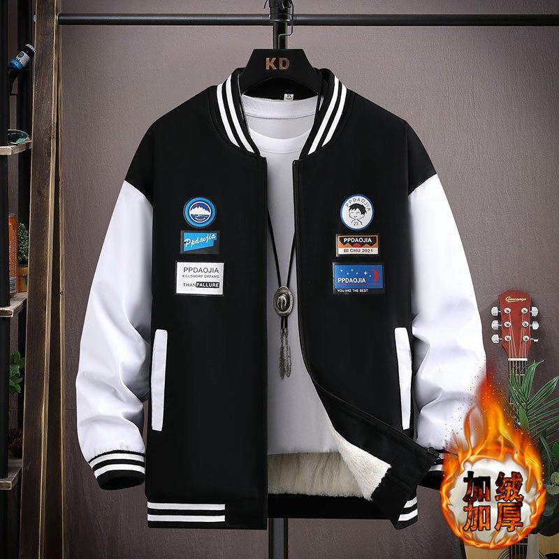加绒加厚外套男秋冬季美式潮流宽松棒球服夹克新款卡通印花上衣服