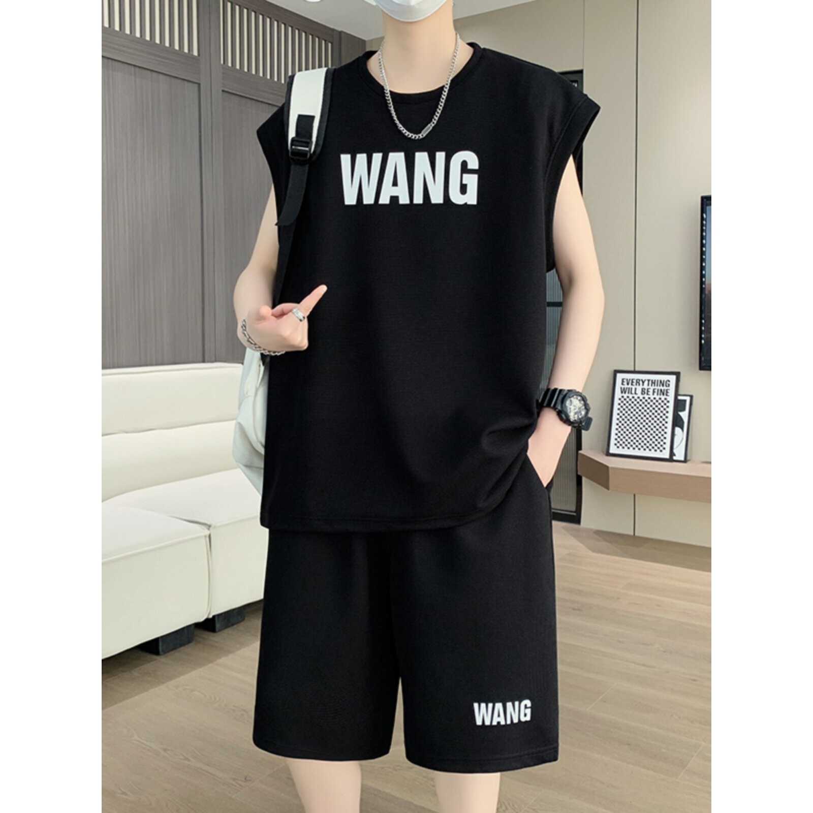 无袖T恤套装男夏季速干冰丝凉感夏天青少年运动休闲背心短裤潮流