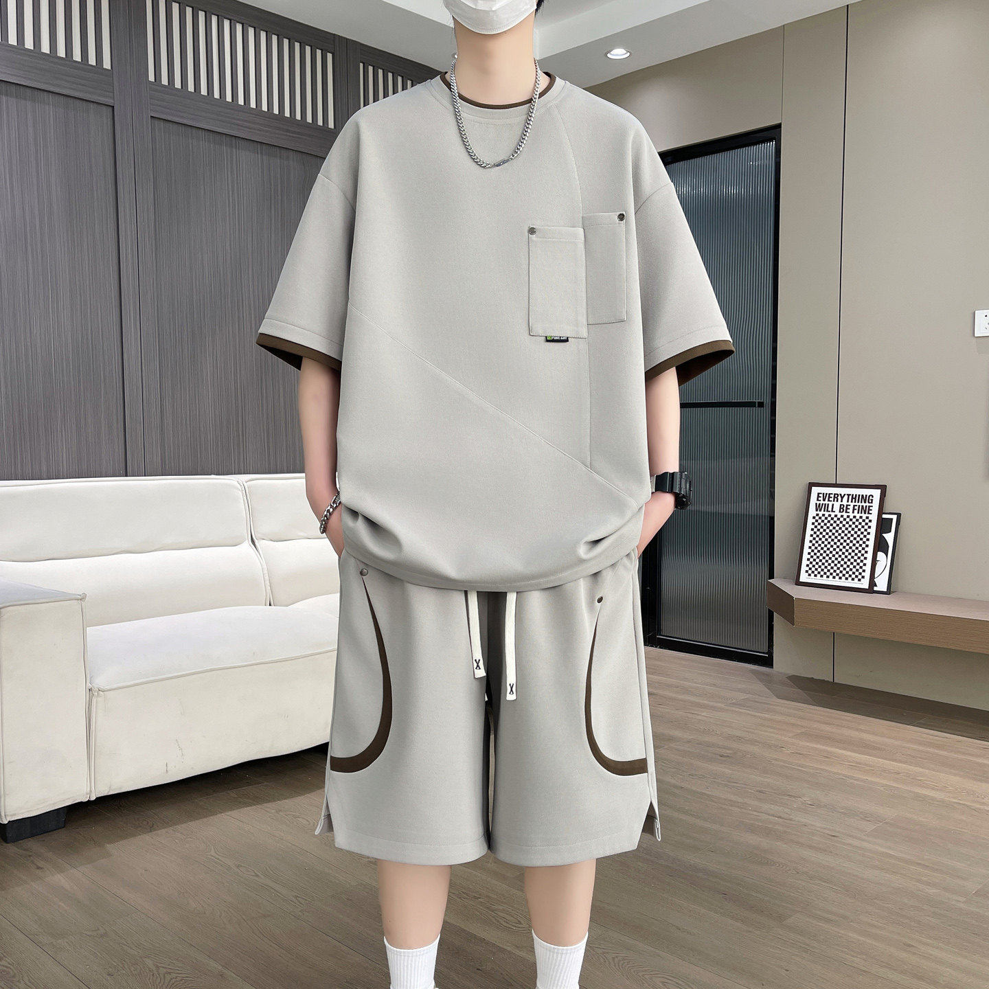 冰丝休闲套装男夏季宽松运动篮球服青少年短袖短裤搭配一整套衣服